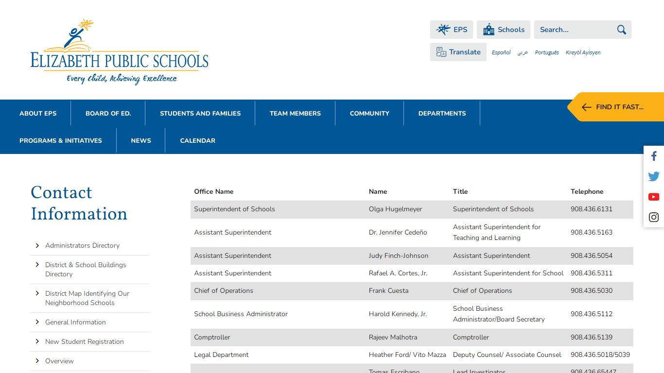 Contact Information / Administrators Directory - Elizabeth Public Schools